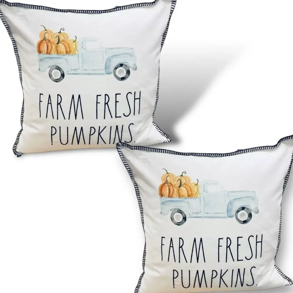 2 Rae Dunn Pillow White  20”x20” Throw PUMPKINS Blue Truck Farmers Market Rustic